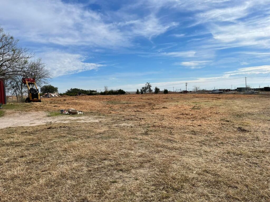 Open field with dry grass, cloudy sky, forklift to left, dog near flowers.